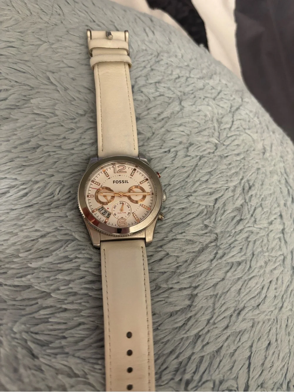 Gorgeous Fossil White & Rose Gold Chronograph Wristwatch Mint